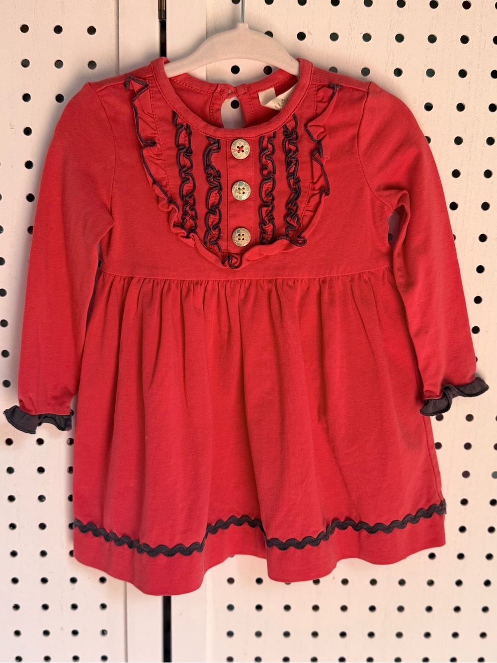 Matilda Jane Red Long Sleeve Dress 6-12M Ruffle Bib & Ric Rac Detail